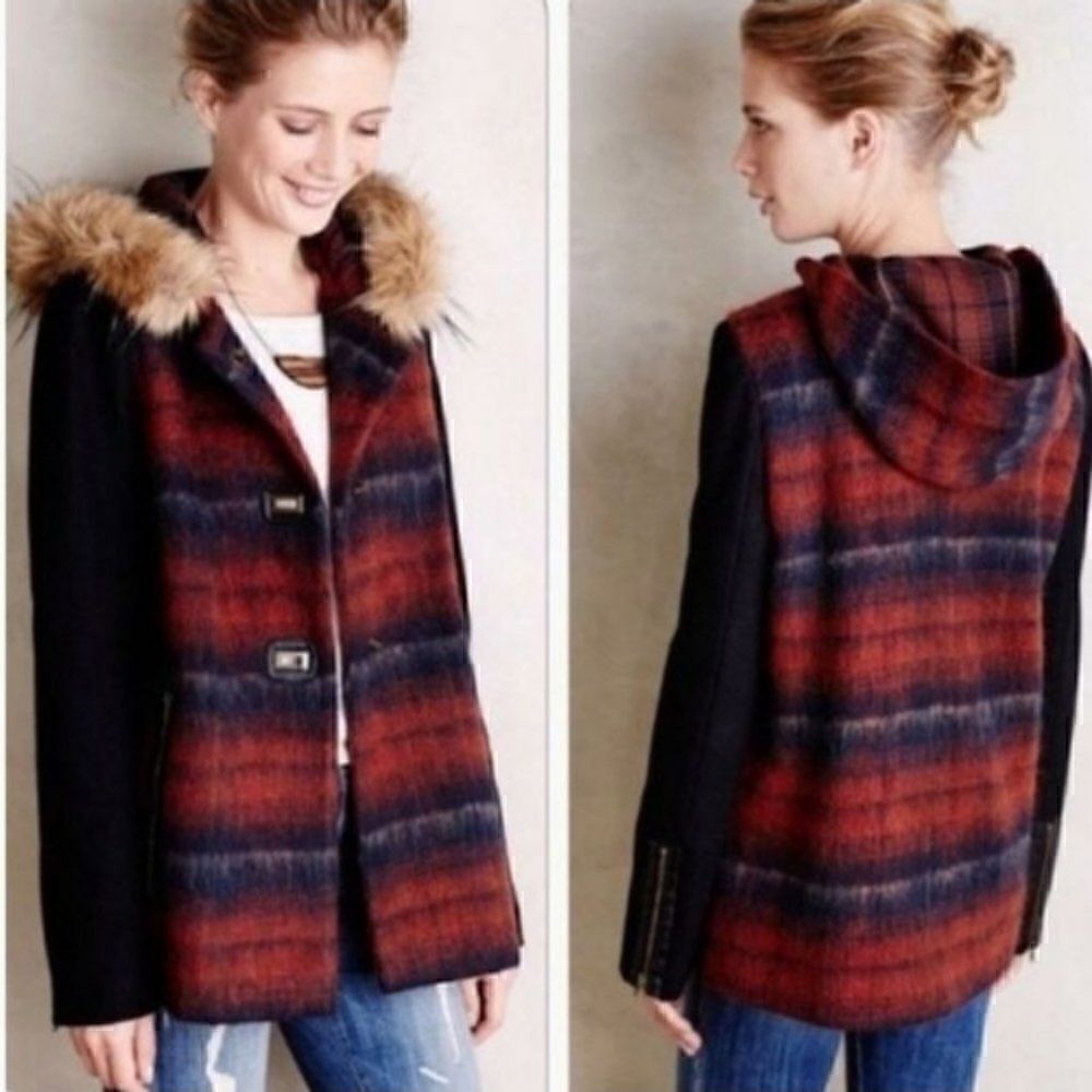Elevenses Wool blend Hooded Coat with Detachable Faux Fur Tartan Sz XSMALL